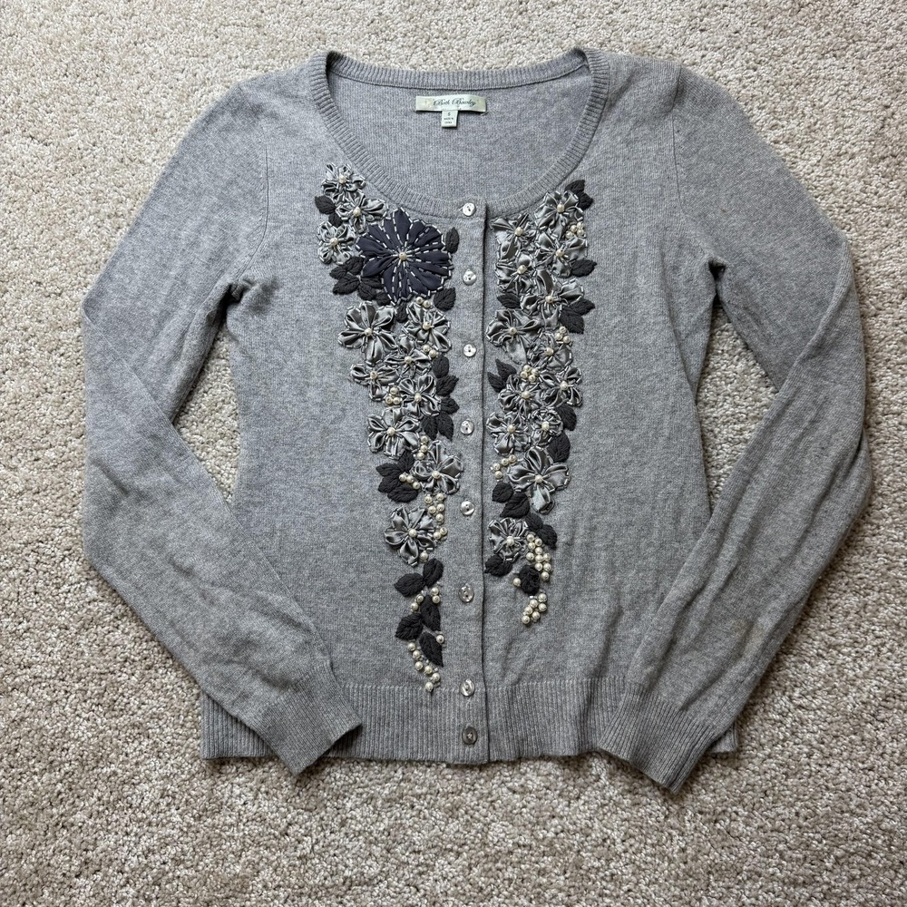 Beth Bowley Cardigan Sweater Womens Small Gray Round Neck Beaded Floral Button
